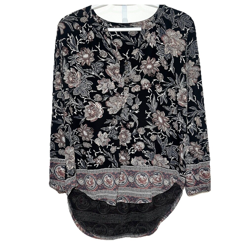 Lucky Brand Boho Floral Blouse Medium Lace Hem Border Print Festival Top Viscose